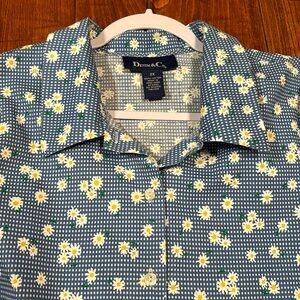 Denim & Co. Shirt/Top Blue With White Checks And Yellow Daisies Size 2X
